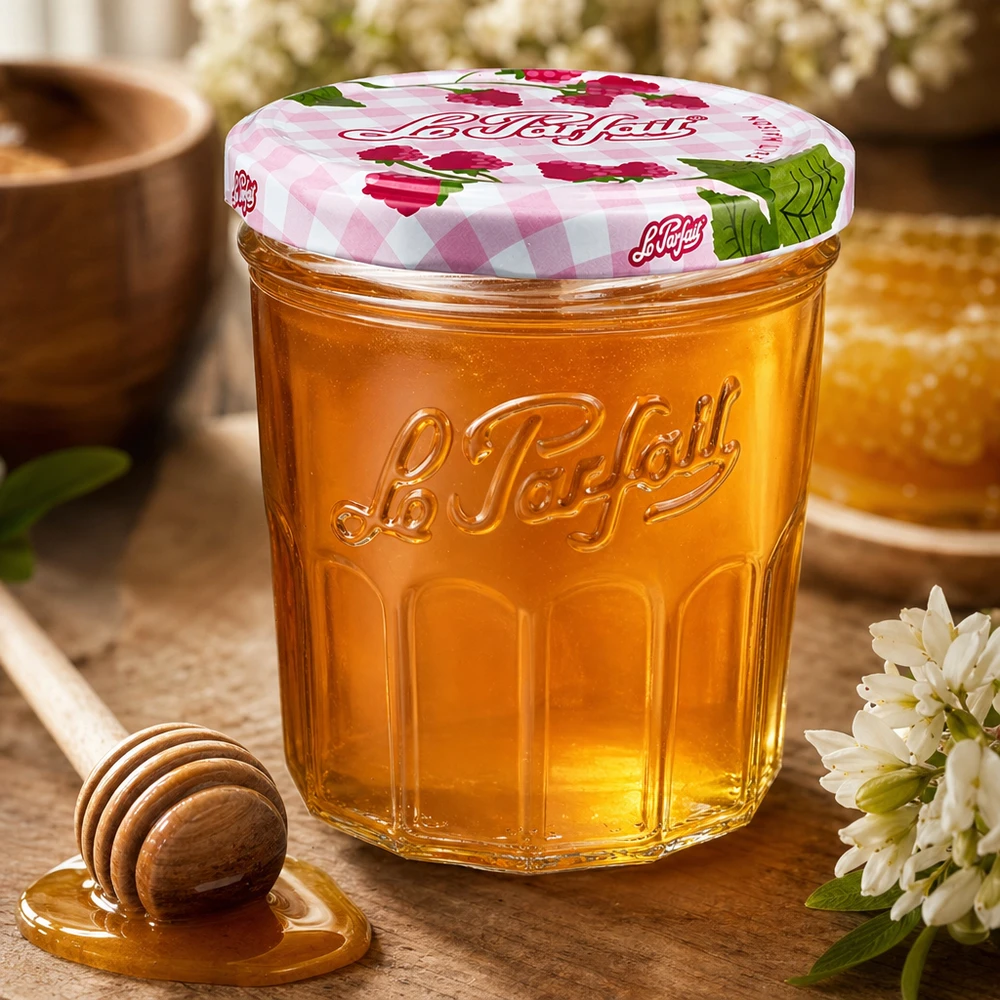 324 ml słoik Le Parfait wypełniony miodem obok łyżki miodu i białych kwiatów na drewnianym stole