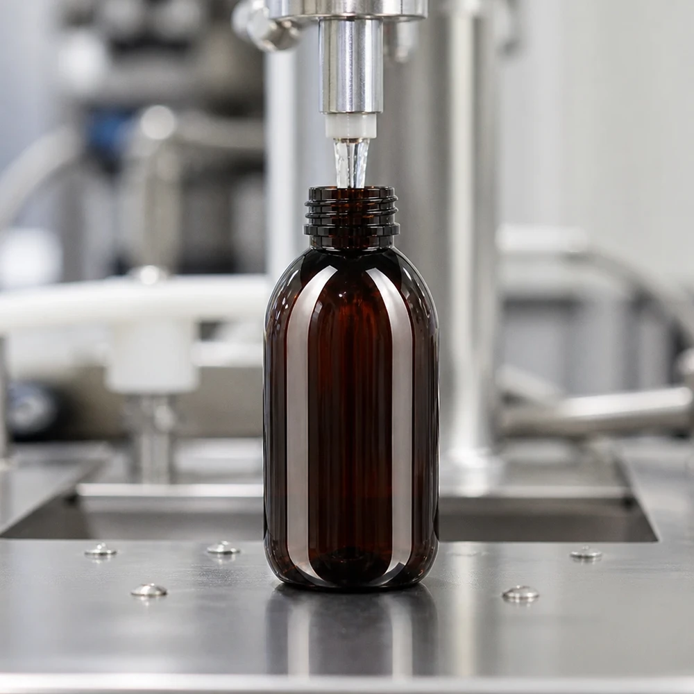 Linia rozlewnicza napełnia brązową butelkę PET o pojemności 250 ml z czerwonym zamknięciem zabezpieczającym