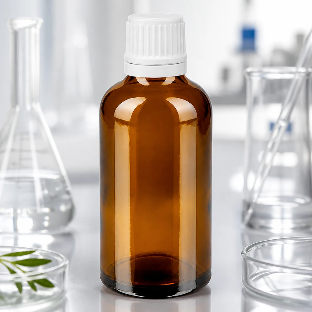 Butelka apteczna brązowa 50ml zakrętka biała OV Butelka apteczna 50 ml z brązowego szkła z białym zamknięciem OV, szyjka 11 mm, do zastosowań laboratoryjnych