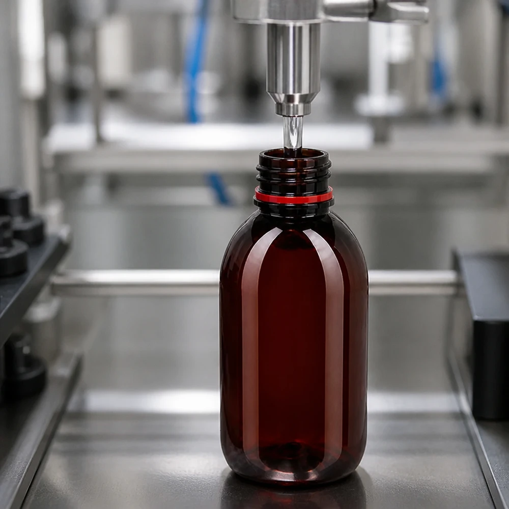 Butelka PET o pojemności 250 ml w kolorze bursztynowym z czerwonym zamknięciem zabezpieczającym, wyprodukowana na przemysłowej linii rozlewniczej