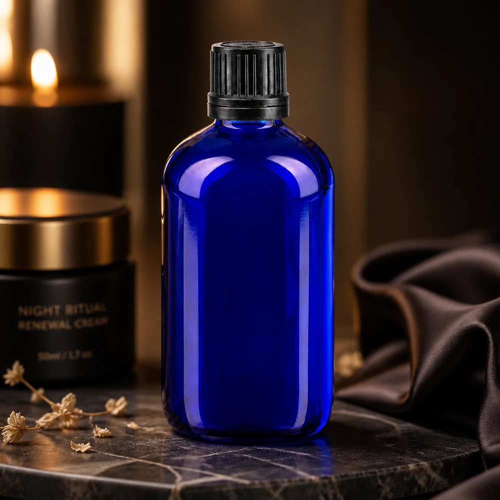 Butelka apteczna niebieska 100ml zakrętka czarny nalewak r. OV Niebieska szklana buteleczka apteczna o pojemności 100 ml z żebrowaną czarną nakrętką w eleganckiej nocnej scenerii