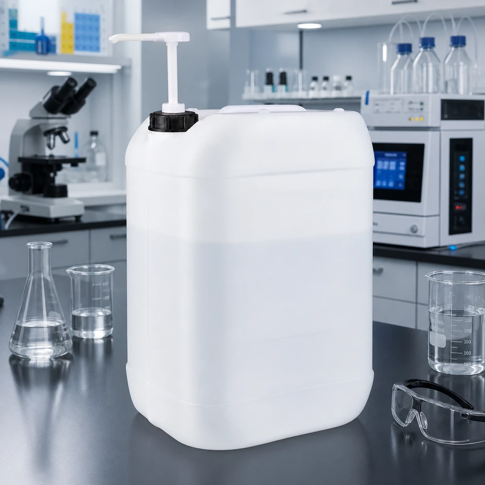 Prostokątny kanister z HDPE o pojemności 25 l z pompą dozującą w nowoczesnym laboratorium