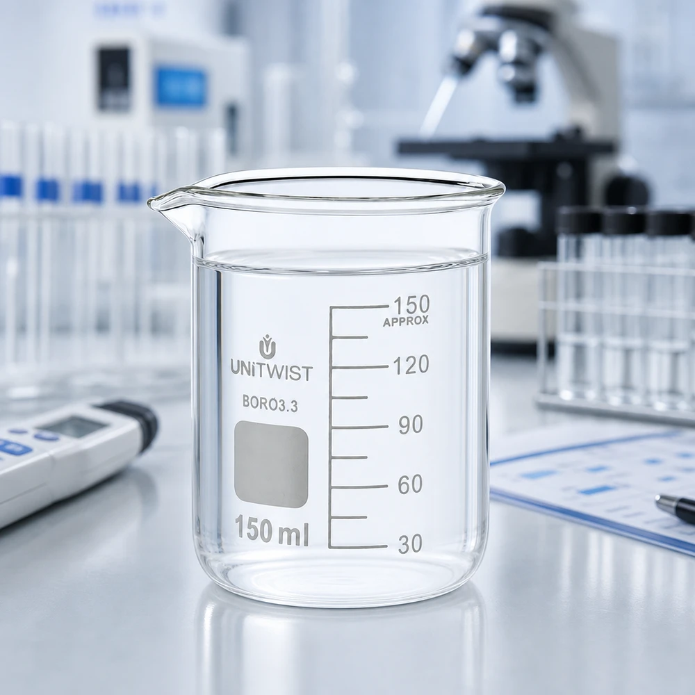 Szklanka UNiTwist o pojemności 150 ml, wykonana ze szkła borokrzemowego 3.3, o niskim profilu, z czystą wodą w warunkach laboratoryjnych