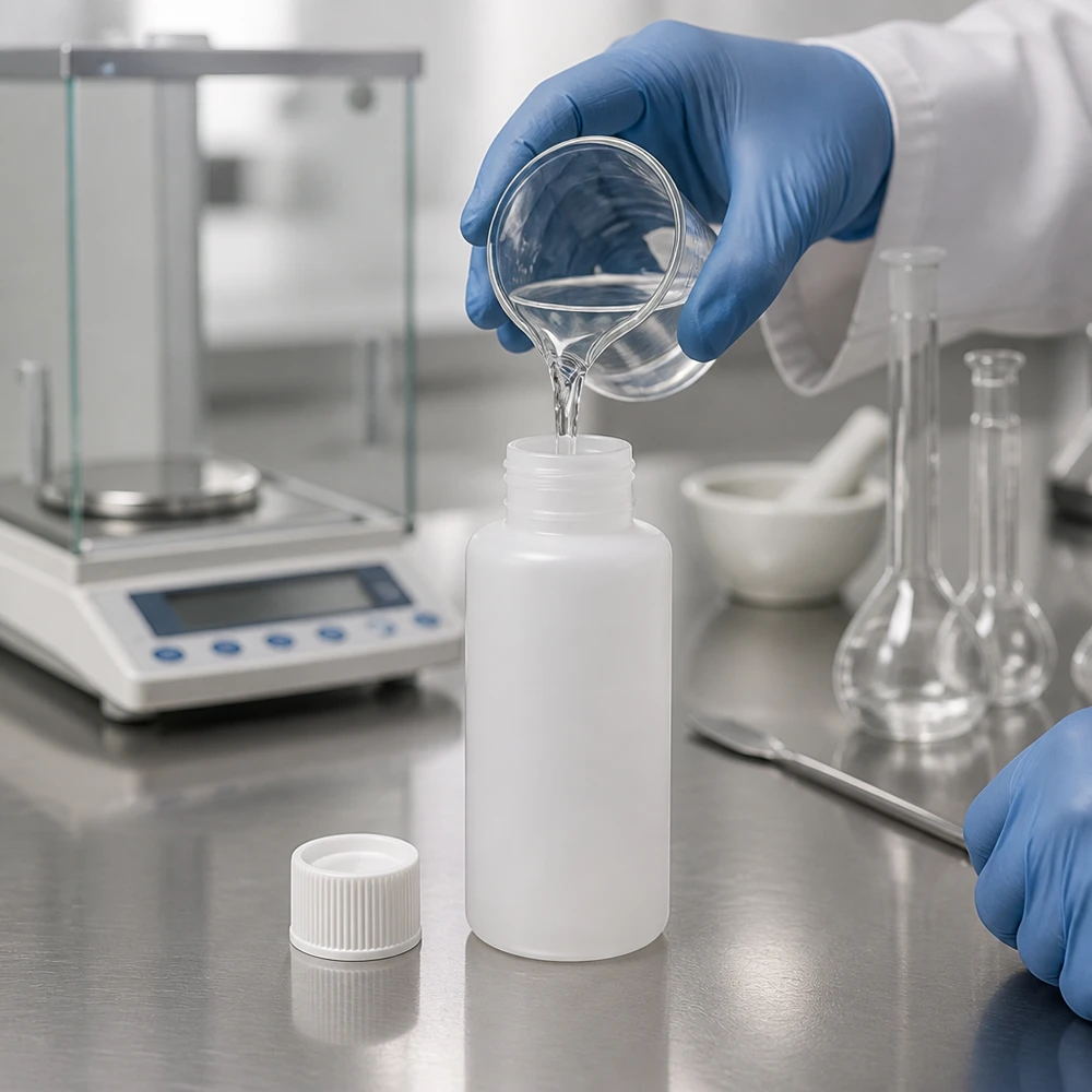 Technik laboratoryjny napełnia białą butelkę apteczną z HDPE o pojemności 30 ml z zakrętką na stole ze stali nierdzewnej