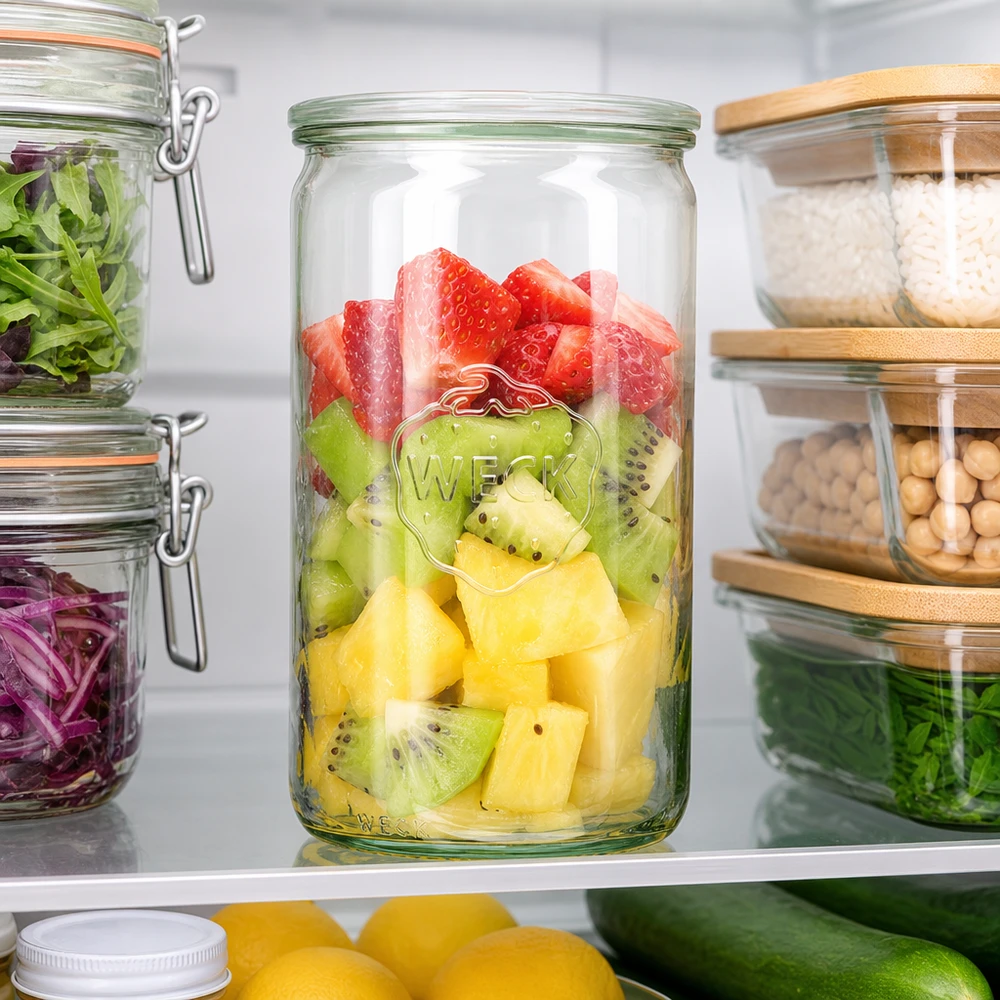 Słoik cylindryczny WECK 1590ml RR100 w lodówce z sałatką ze świeżych owoców truskawki kiwi ananas pomiędzy innymi słoikami do przechowywania