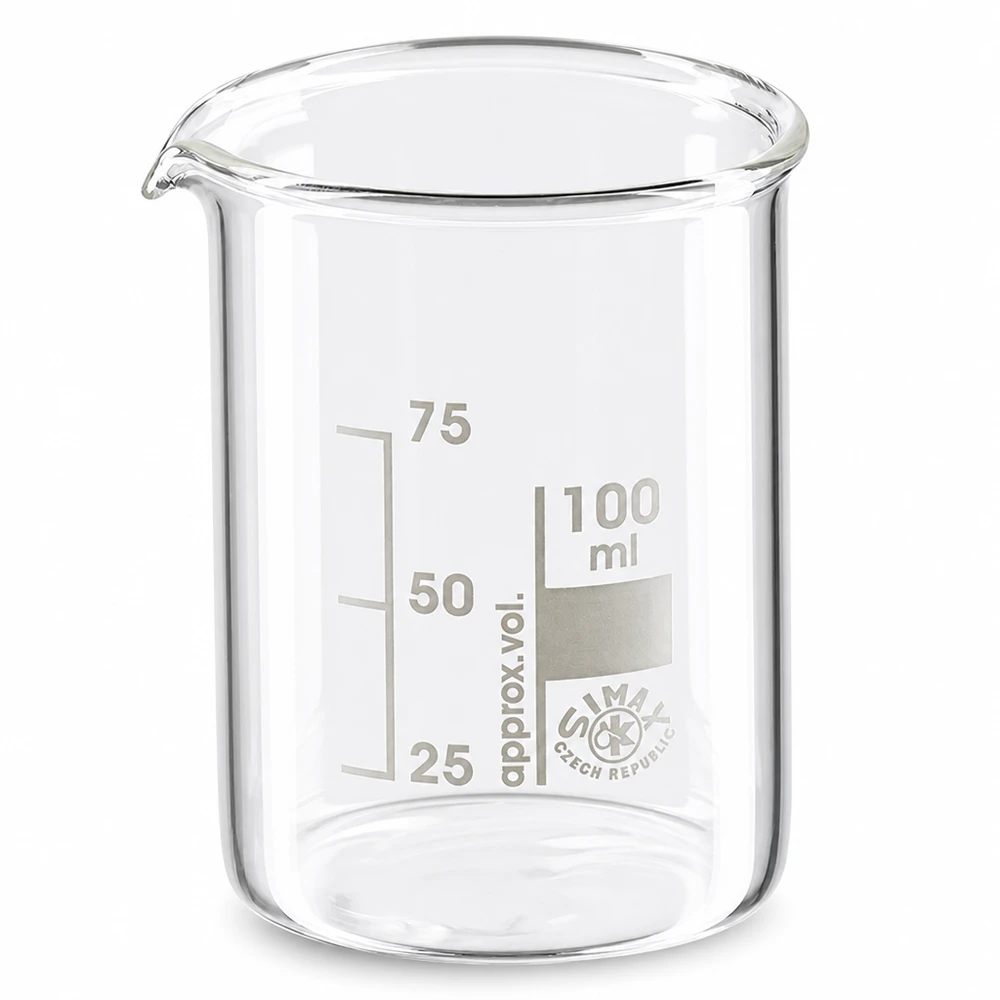 Zlewka 100 ml ze szkła borokrzemowego, niski kształt Zlewka 100 ml wykonana z wysokiej jakości szkła borokrzemowego z dziobkiem i podziałką o niskim kształcie
