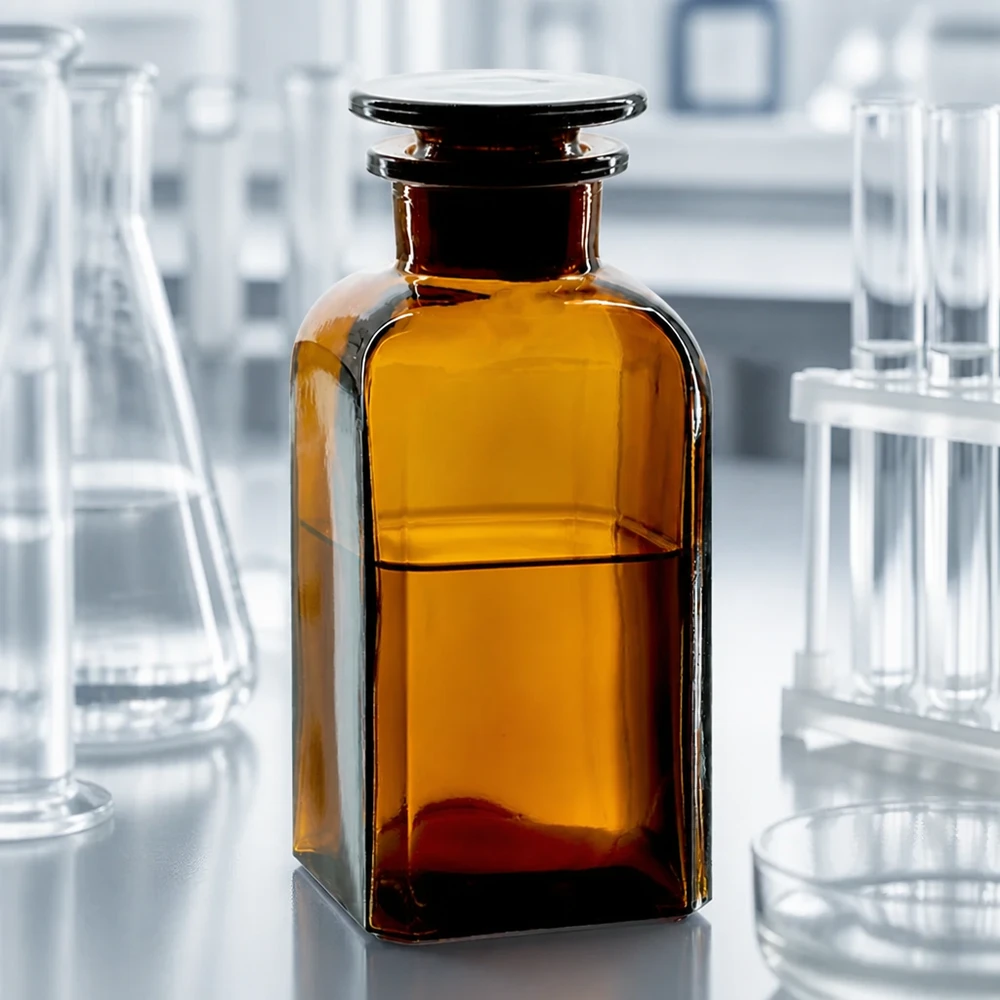 Kwadratowa butelka 350 ml z brązową szeroką szyjką i szklanym korkiem Zdjęcie laboratoryjne: brązowa butelka kwadratowa o pojemności 350 ml z szeroką szyjką i szklanym korkiem, pomiędzy kolbą Erlenmeyera a probówkami