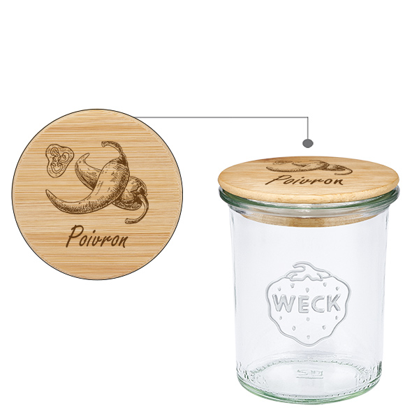 Drewniana pokrywka „Poivrons” z szklanym wkładem WECK 160 ml Drewniana pokrywka „Poivrons” z szklanym wkładem WECK 160 ml