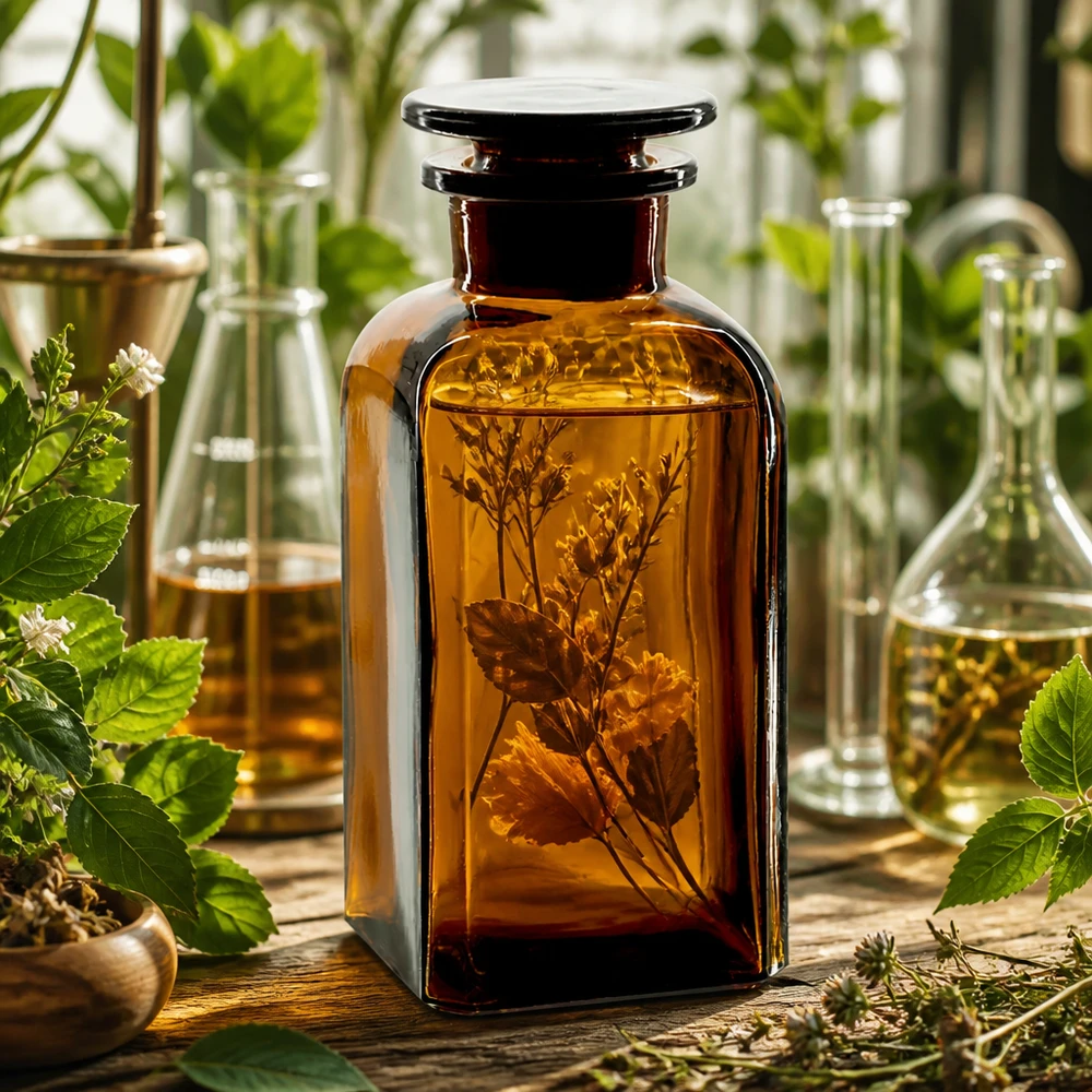 Kwadratowa butelka 350 ml z brązową szeroką szyjką i szklanym korkiem Brązowa butelka aptekarska o pojemności 350 ml, kwadratowa, z szeroką szyjką i szklanym korkiem, przeznaczona do nalewek ziołowych
