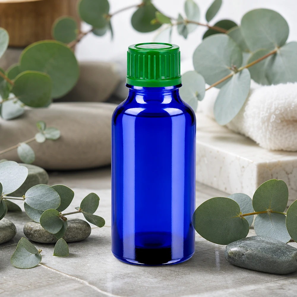 Wysokiej jakości szklana butelka 20 ml w kolorze kobaltowo-niebieskim z bezpieczną zakrętką 11 mm SV green BlueLine UT18/20