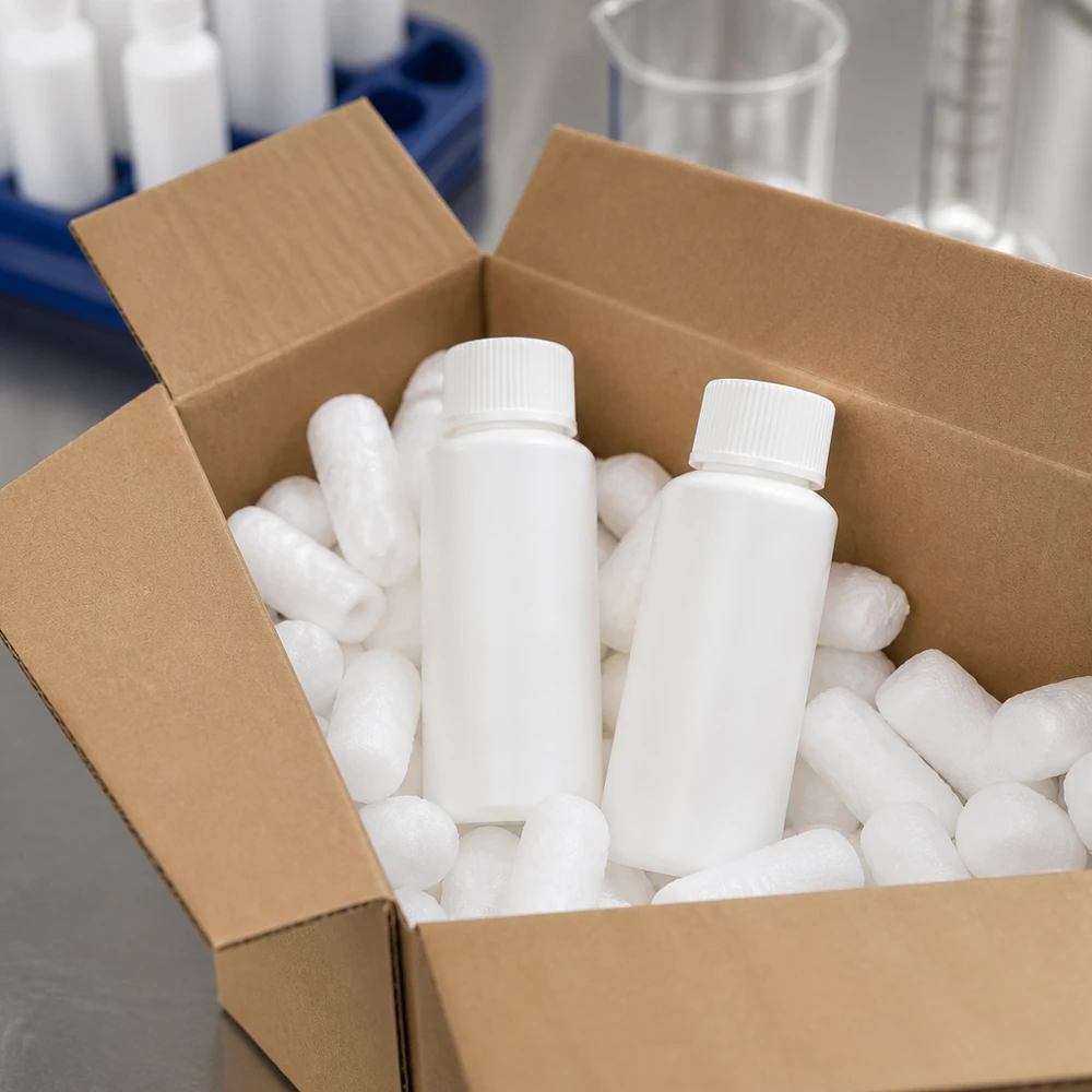 Dwie białe butelki apteczne z HDPE o pojemności 30 ml z zamknięciem zabezpieczającym, zapakowane w karton wysyłkowy z materiałem wypełniającym