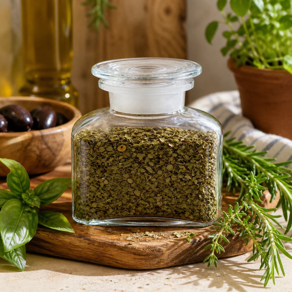 Butelka apteczna z szeroką szyjką o pojemności 150 ml, zawierająca suszone oregano otoczone świeżą bazylią i rozmarynem