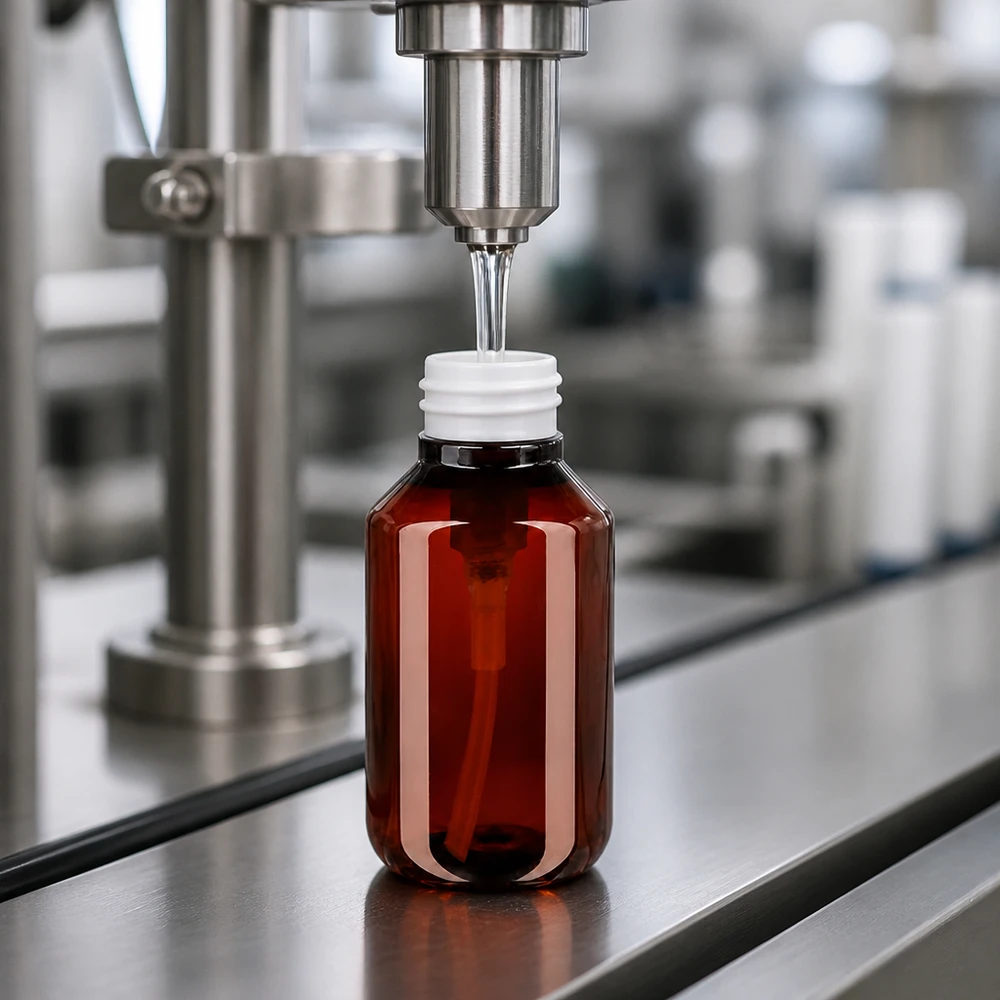 Flüssigkeitsbefüllung einer lichtundurchlässigen 100ml PET Flasche mit weisser Dispenserpumpe