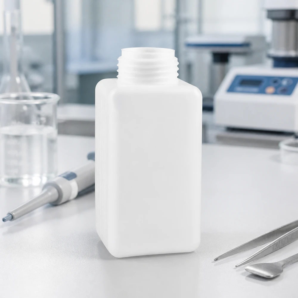 Prostokątna butelka na chemikalia o pojemności 1500 ml, wykonana z PE-HD w kolorze naturalnym, z gwintem śrubowym zapewniającym bezpieczne zamknięcie