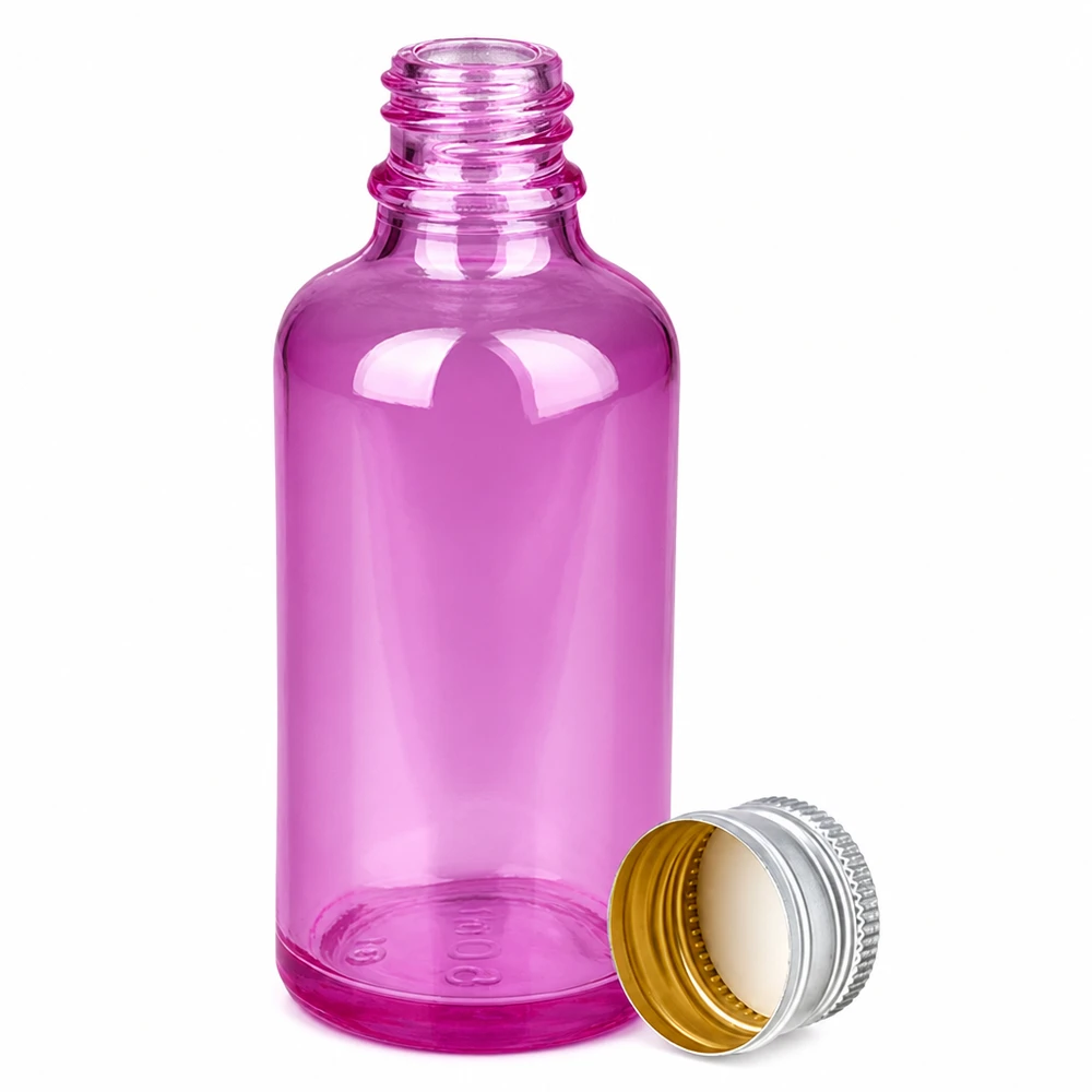 Butelka 50 ml 11 mm z aluminiowo-srebrną zakrętką PurpleLine.UT18/50 Butelka o pojemności 50 ml z fioletowego szkła z aluminiowo-srebrną nasadką na olejki eteryczne i kosmetyki