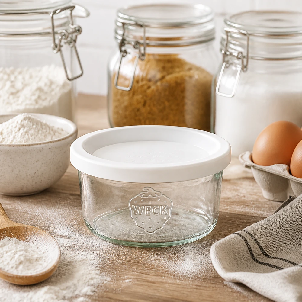 Kubki WECK 165ml RR80 z białą pokrywką pomiędzy składnikami do pieczenia mąką i jajkami na drewnianym stole w rustykalnej kuchni