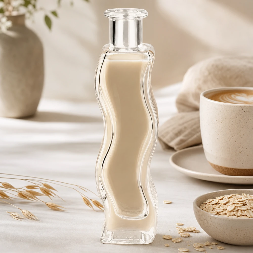 Glasflasche Melissa 100ml mit cremiger Flüssigkeit in elegantem Wellness-Setting mit Haferflocken und Kaffeetasse