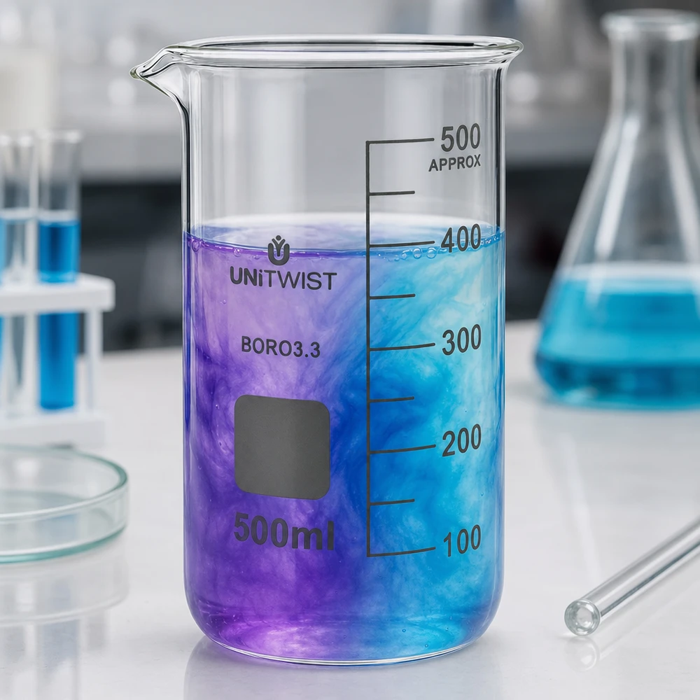 Zlewka 500ml borokrzemianowa, wysoka UNITWIST Szklana zlewka z borokrzemianu o pojemności 500 ml, wysoka, z mieszaniną barwników w odcieniach niebiesko-fioletowych w laboratorium