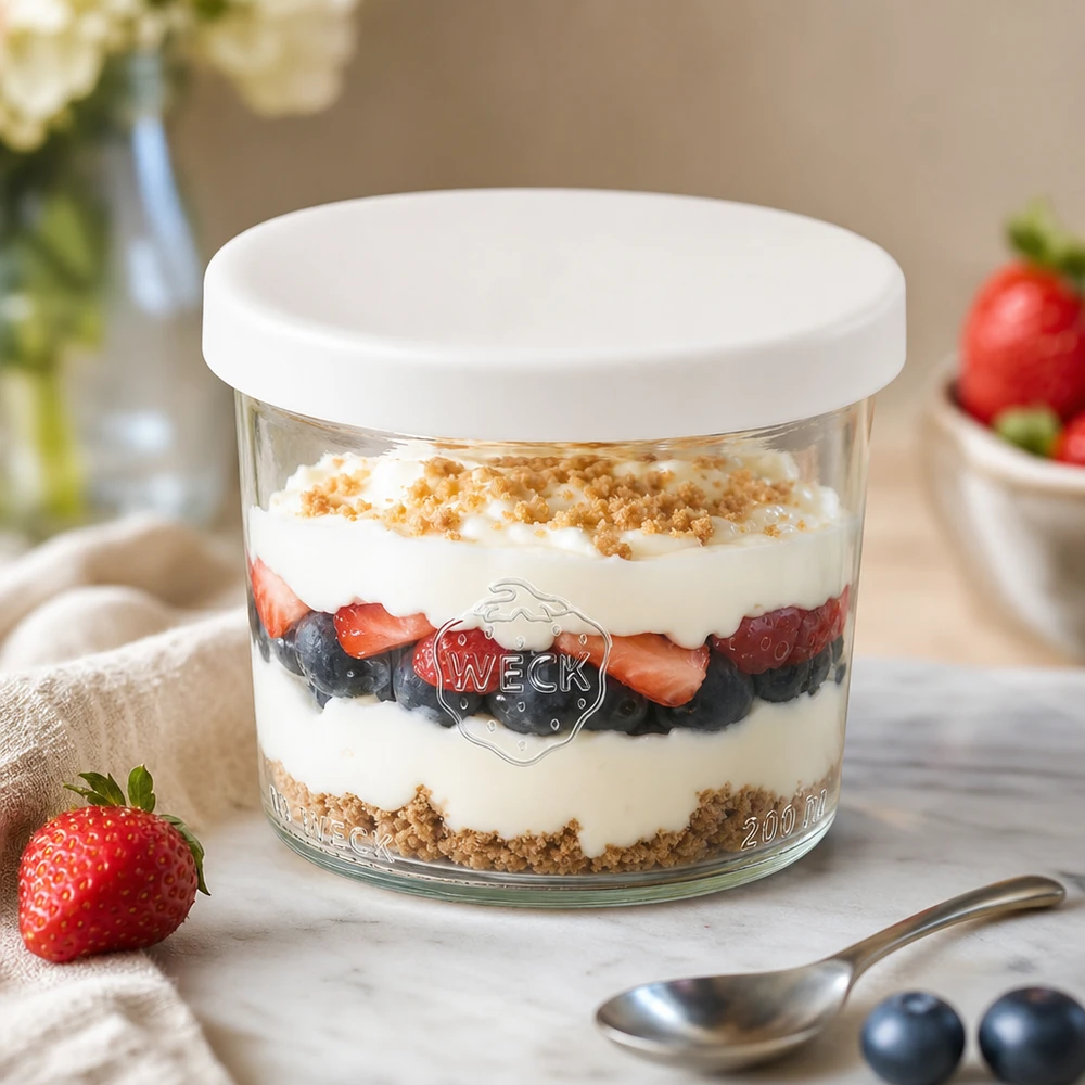 WECK kubeczki 200ml RR80 z warstwowym deserem jagody jogurt biała silikonowa pokrywka słoiczek na słodkie desery