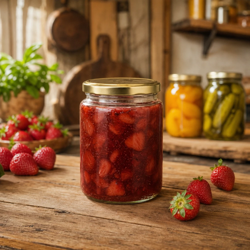 450g słoik na miód ze złotym wieczkiem wypełniony dżemem truskawkowym w rustykalnej kuchni Słoik BasicSeal na owocowe smarowidła
