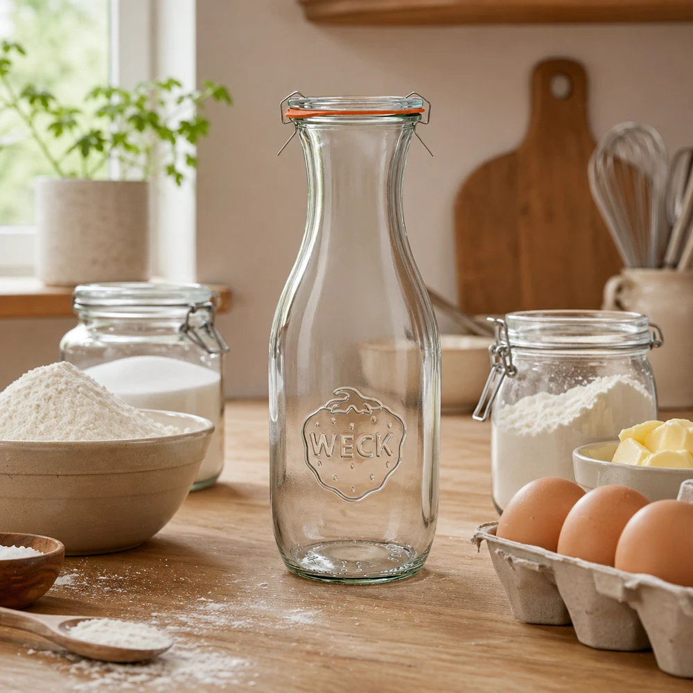 Butelka na sok o pojemności 1062 ml, kompletny zestaw WECK RR60 Butelka na sok WECK 1062ml RR60 pusta w rustykalnej kuchni ze składnikami do pieczenia, mąką, jajkami i przyborami kuchennymi
