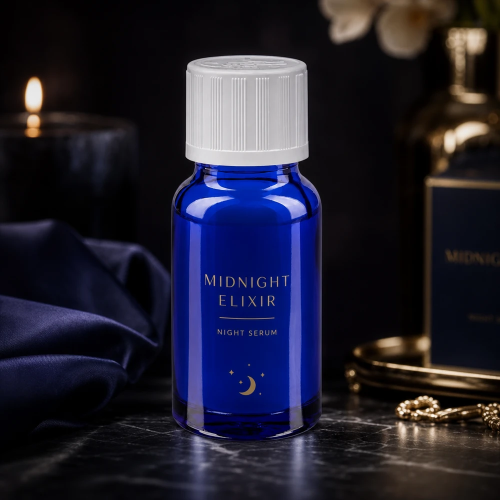 Serum na noc Midnight Elixir w kobaltowo-niebieskiej buteleczce z zakraplaczem o pojemności 10 ml, wykonanej ze szkła aptecznego, na marmurze