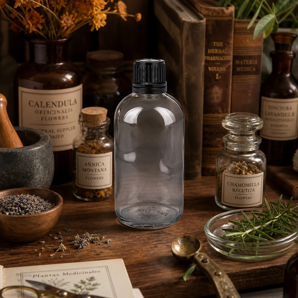Butelka apteczna 100 ml z przezroczystego szkła z zakrętką, w kategorii „Zioła lecznicze i akcesoria homeopatyczne”