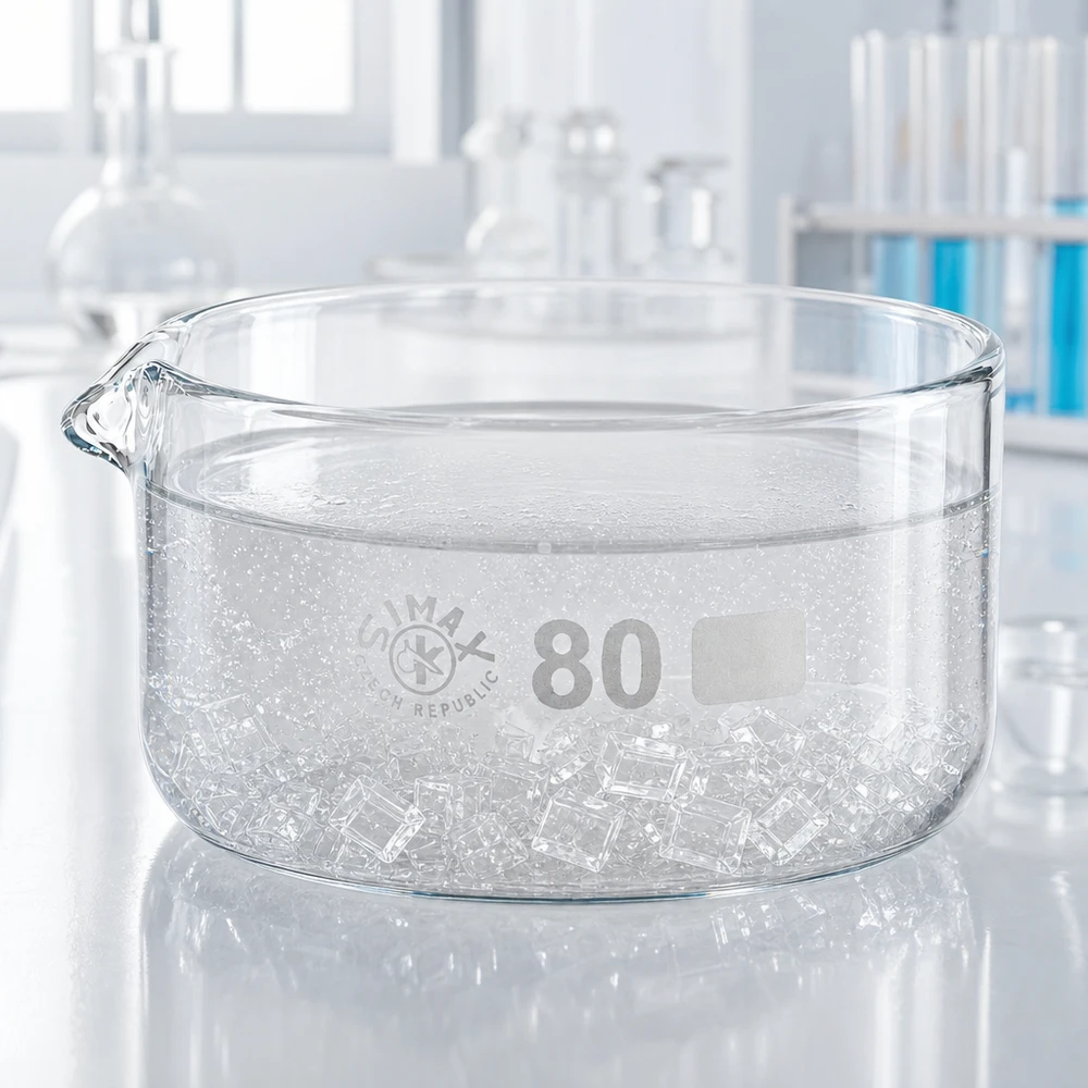 Płaska miska do krystalizacji o pojemności 150 ml z kostkami lodu i wylewką, wykonana z przezroczystego szkła laboratoryjnego, ø 80 mm