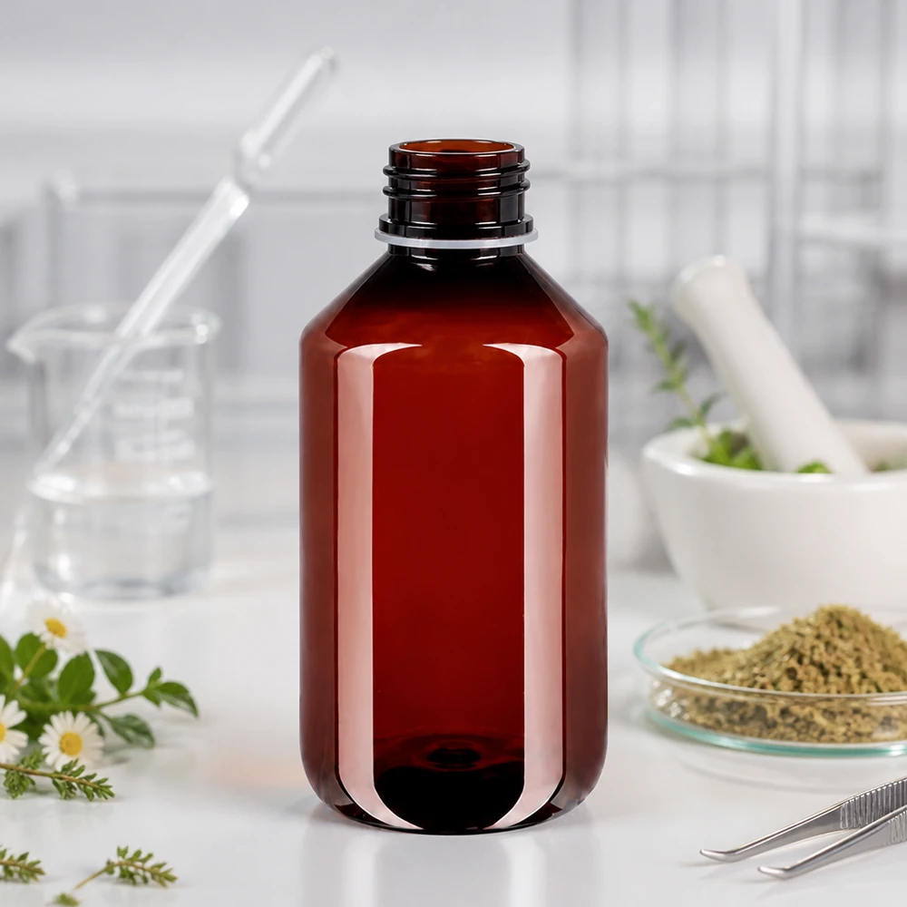 Butelka PET 500 ml z białą nakrętką typu flip-top. Pusta butelka PET o pojemności 500 ml w kolorze bursztynowym, bez zamknięcia, w sterylnym środowisku laboratoryjnym