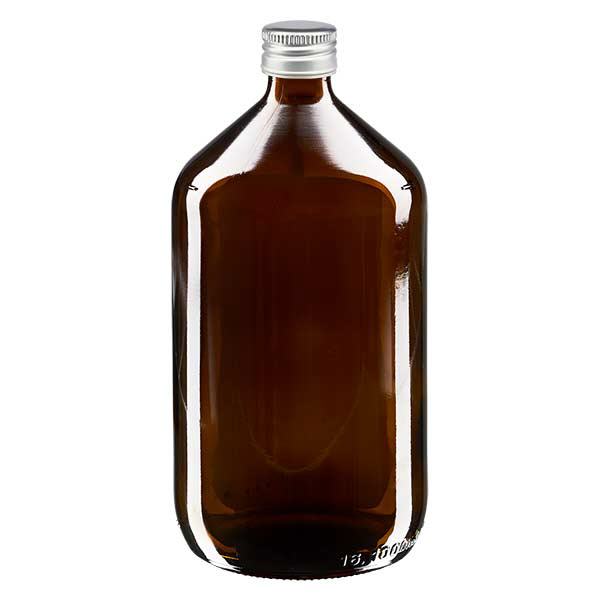 Butelka na lek 1000 ml brązowa, z zakrętką ze srebrnego aluminium ApoGlas. Farmaceutyczna jakość produkcji UE. Gwint 28 mm (PP28). (syrop, butelka z lekkiego szkła) Butelka na lek 1000 ml brązowa, z zakrętką ze srebrnego aluminium ApoGlas. Farmaceutyczna jakość produkcji UE. Gwint 28 mm (PP28). (syrop, butelka z lekkiego szkła)