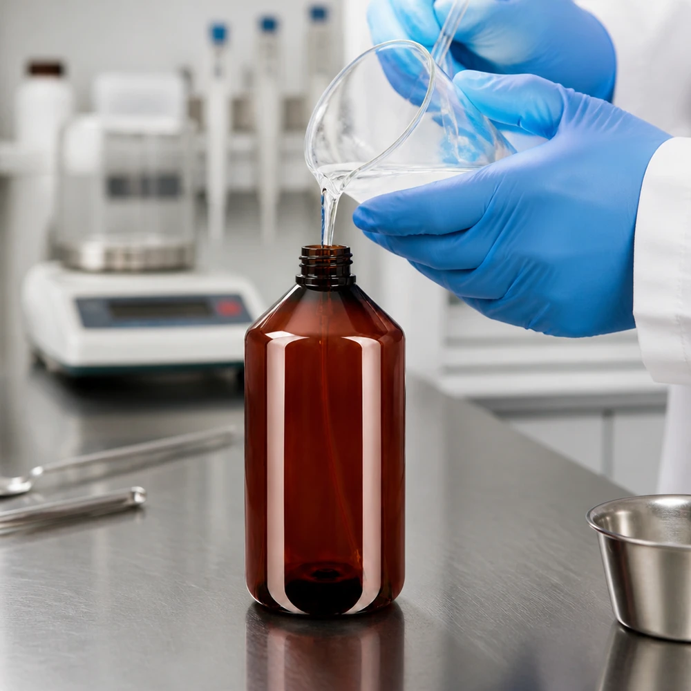 Schmalhalsige 500ml PET Flasche in Bernsteinfarbe auf Edelstahloberfläche im Reinraum