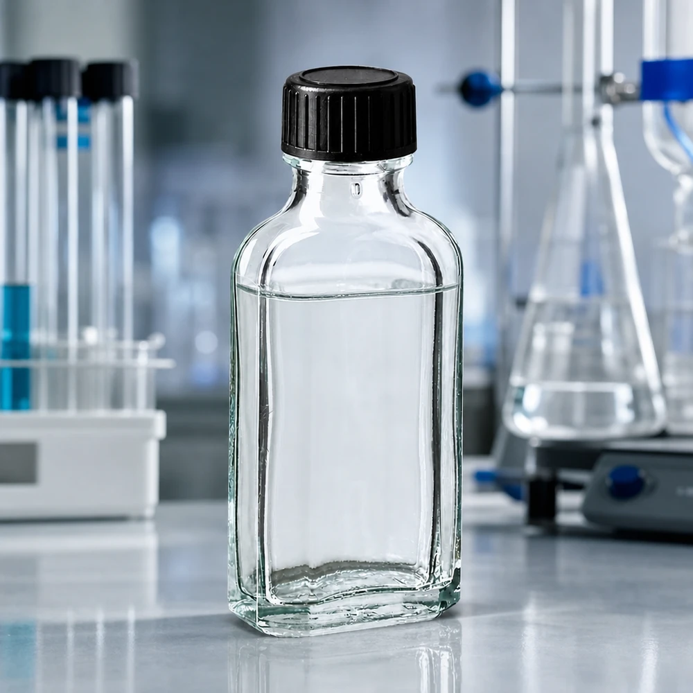 Przezroczysta szklana butelka Meplat o pojemności 50 ml z uszczelką z EPE i czarnym zamknięciem w warunkach laboratoryjnych