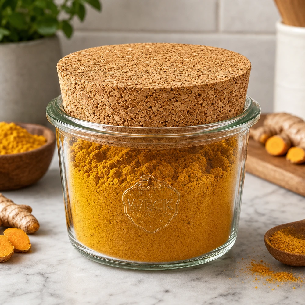Kubki WECK 80ml RR60 z naturalnym korkiem wypełnione kurkumą w proszku do przechowywania przypraw w kuchni