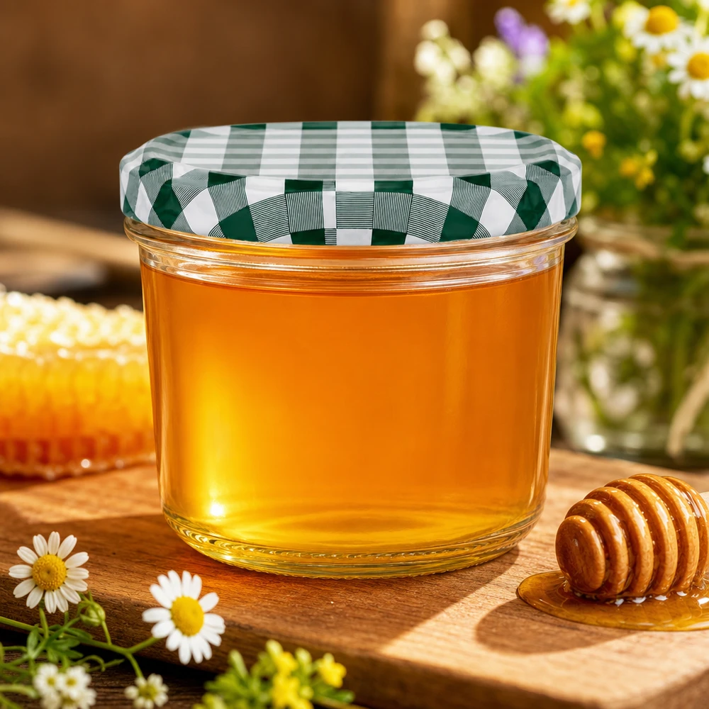 Słoik 230 ml wypełniony miodem Słoik na miód z pokrywką BasicSeal w zielono-białą kratkę Miodarka Drewniana deska dekoracyjna