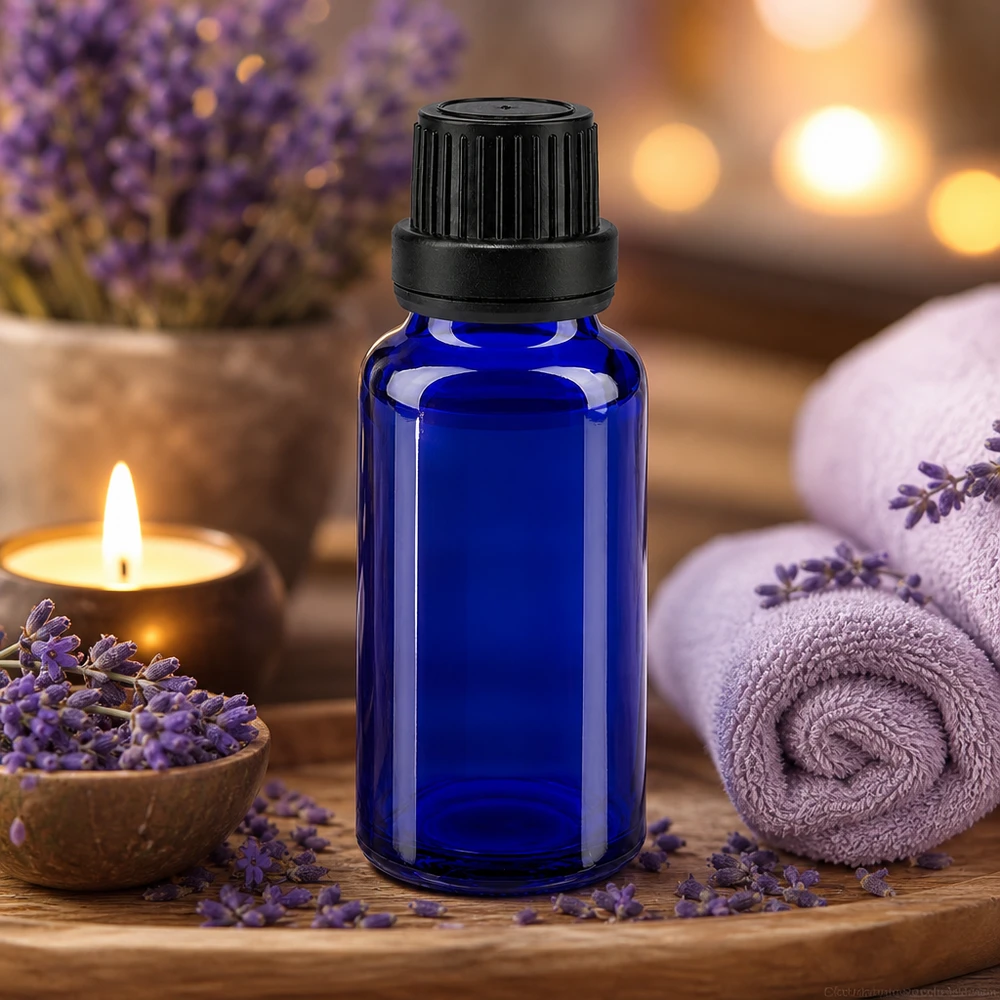 Butelka apteczna niebieska 20ml kroplówka v. Pr. 2mm czarny OV Niebieska szklana buteleczka o pojemności 20 ml z czarną zakrętką, obok kwiatów lawendy i świecy w atmosferze spa