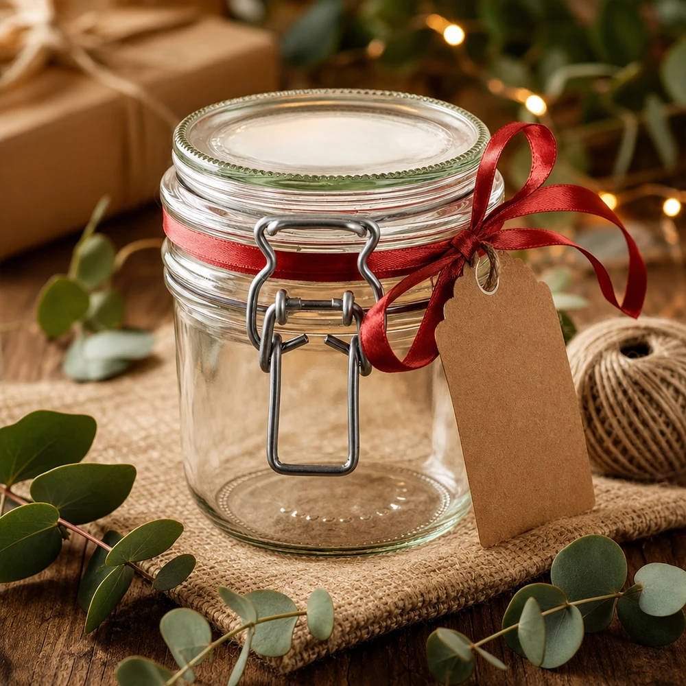 Słoik do przechowywania o pojemności 255 ml, typ G, z zamknięciem na zatrzask UN.. 255ml Vorratsglas mit Bügelverschluss als Geschenkidee mit roter Schleife und Geschenkanhänger dekoriert