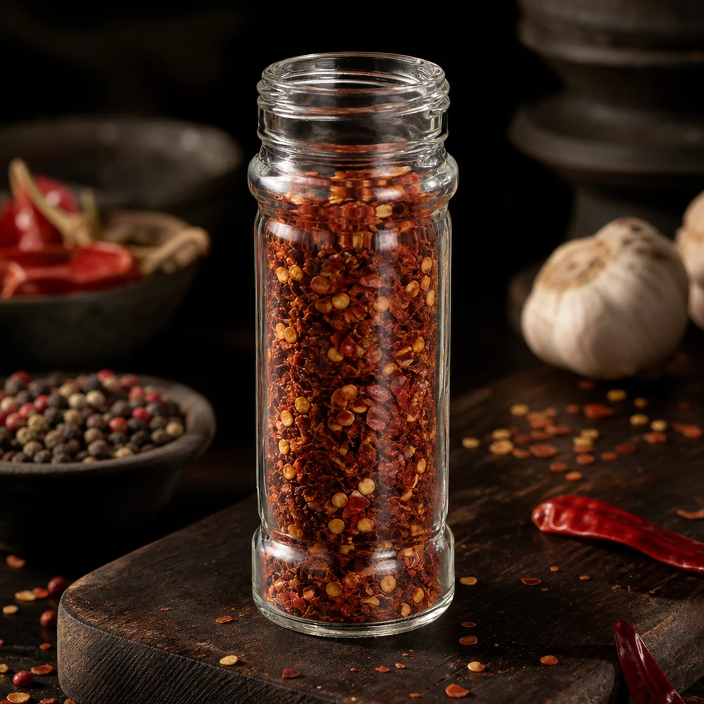 Słoik na przyprawy „Mary” o pojemności 100 ml, wypełniony płatkami chili, obok czosnku i ziaren pieprzu