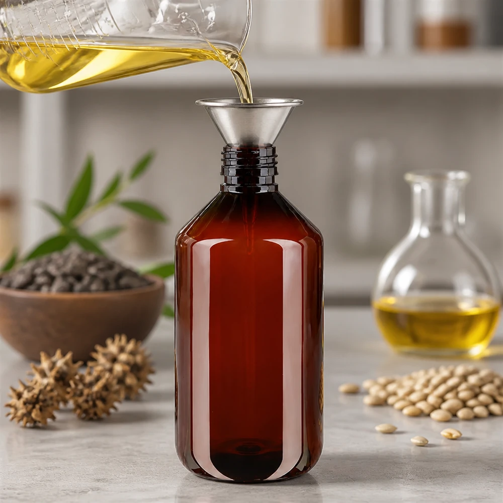 Butelka PET 500ml PP28 bez zakrętki Brązowa butelka PET o pojemności 500 ml z gwintem PP28 jest napełniana żółtym olejem za pomocą metalowego lejka