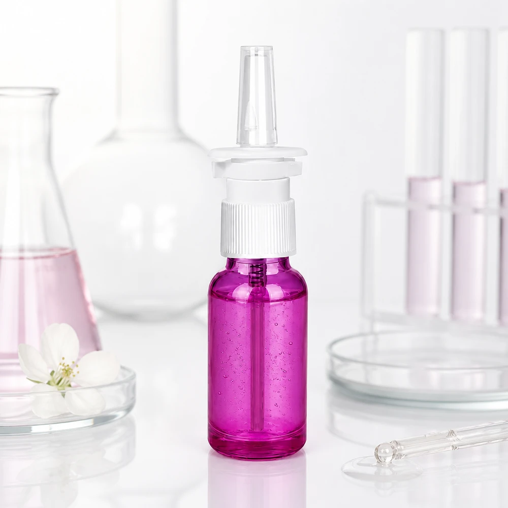 Butelka z rozpylaczem do nosa 20ml biała/przezroczysta standardowa PurpleLine. UT18/20 Mała butelka z aerozolem do nosa o pojemności 20 ml w jasnofioletowym kolorze z białą nasadką rozpylającą do precyzyjnego dozowania