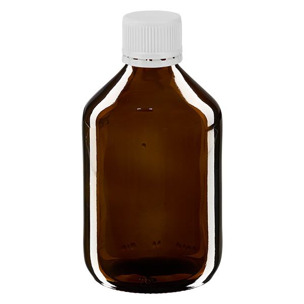 Butelka na lek 300 ml brązowa, zakrętka biała z pierścieniem ApoGlas. Farmaceutyczna jakość produkcji UE. Gwint 28 mm (PP28). (syrop, butelka z lekkiego szkła) Butelka na lek 300 ml brązowa, zakrętka biała z pierścieniem ApoGlas. Farmaceutyczna jakość produkcji UE. Gwint 28 mm (PP28). (syrop, butelka z lekkiego szkła)