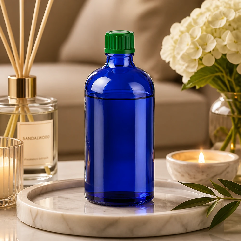 Butelka 100 ml 11 mm SV zielona STD BlueLine UT18/100 Mała szklana butelka o pojemności 100 ml w eleganckim kolorze kobaltowego błękitu z praktycznym gwintem 11 mm