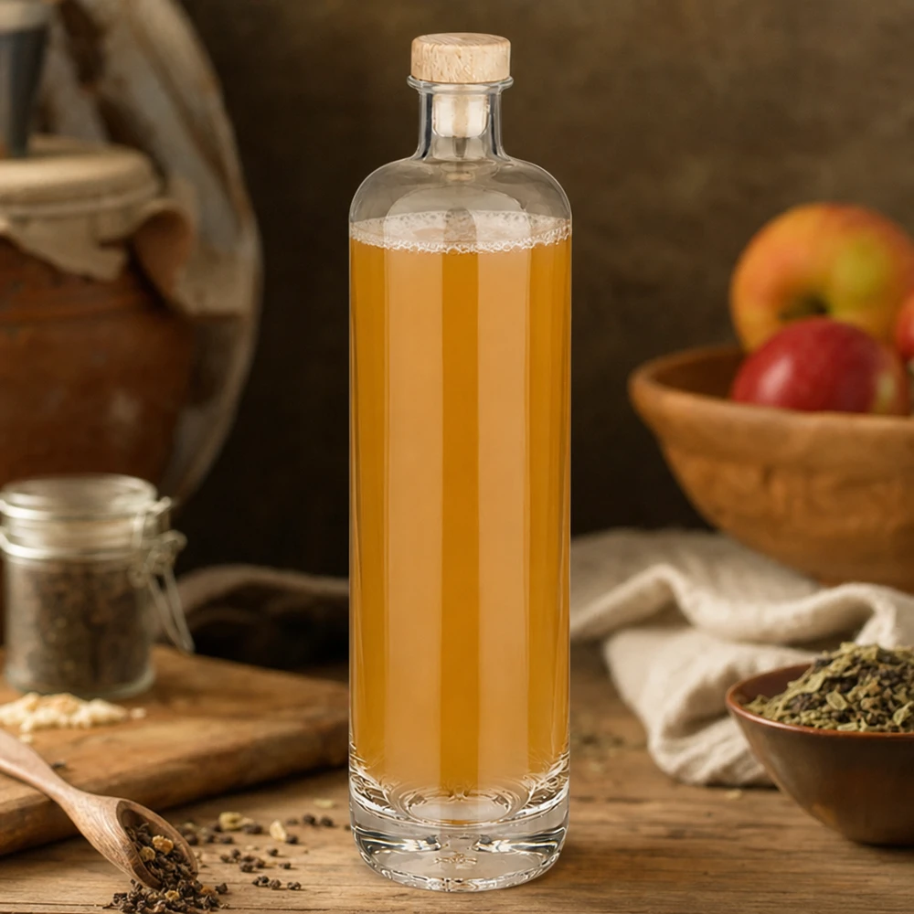 700 ml szklana butelka Ella ze złotą nalewką i drewnianym korkiem otoczona przyprawami i owocami w rustykalnej kuchni
