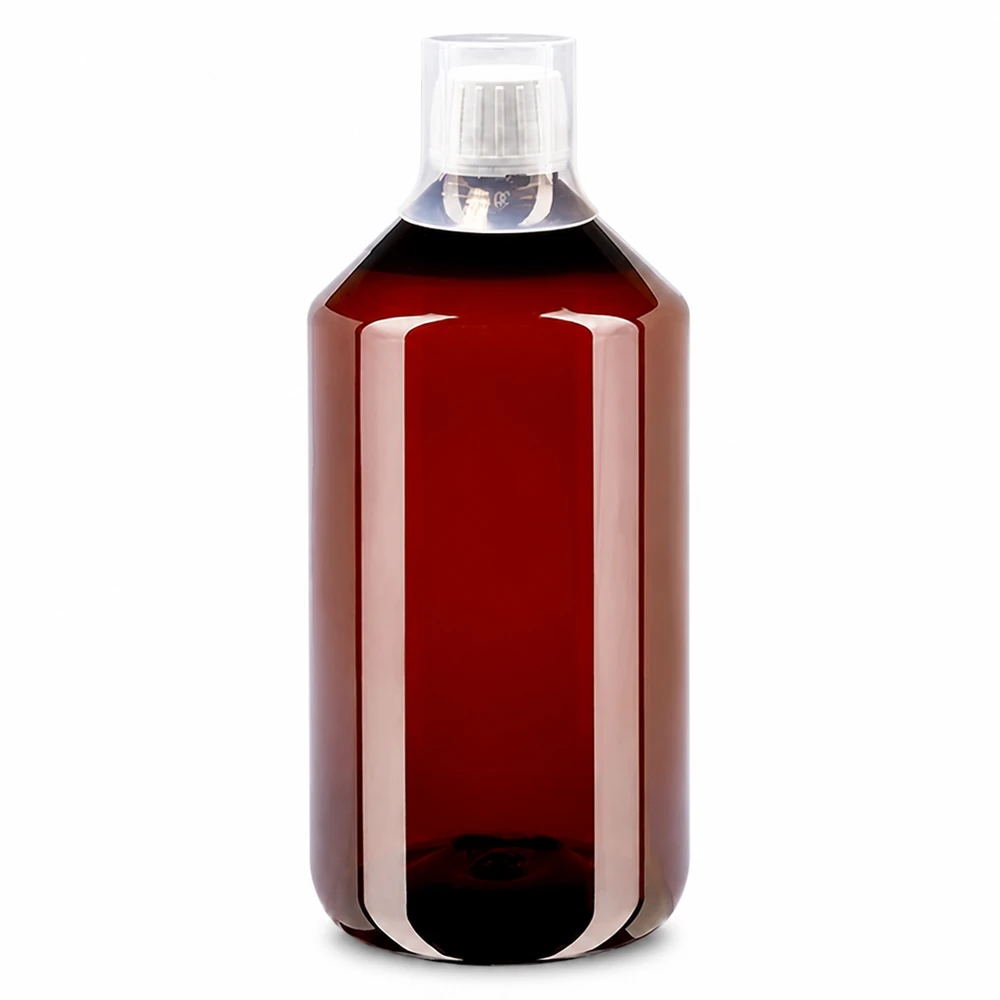 Brązowa butelka PET o pojemności 750 ml z oryginalnym białym zamknięciem i miarką do płynów