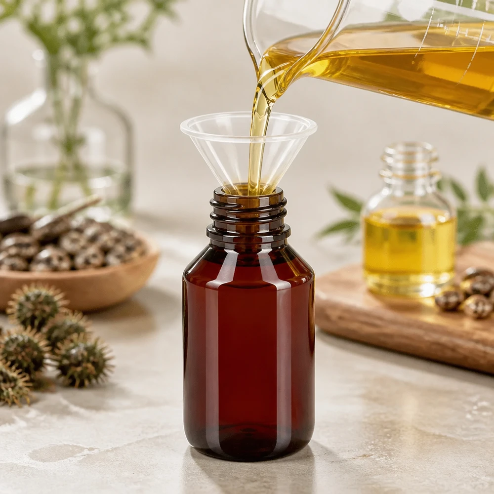 50ml PET Flasche mit braunem OV Verschluss und Einfülltrichter für Pflanzenextrakte