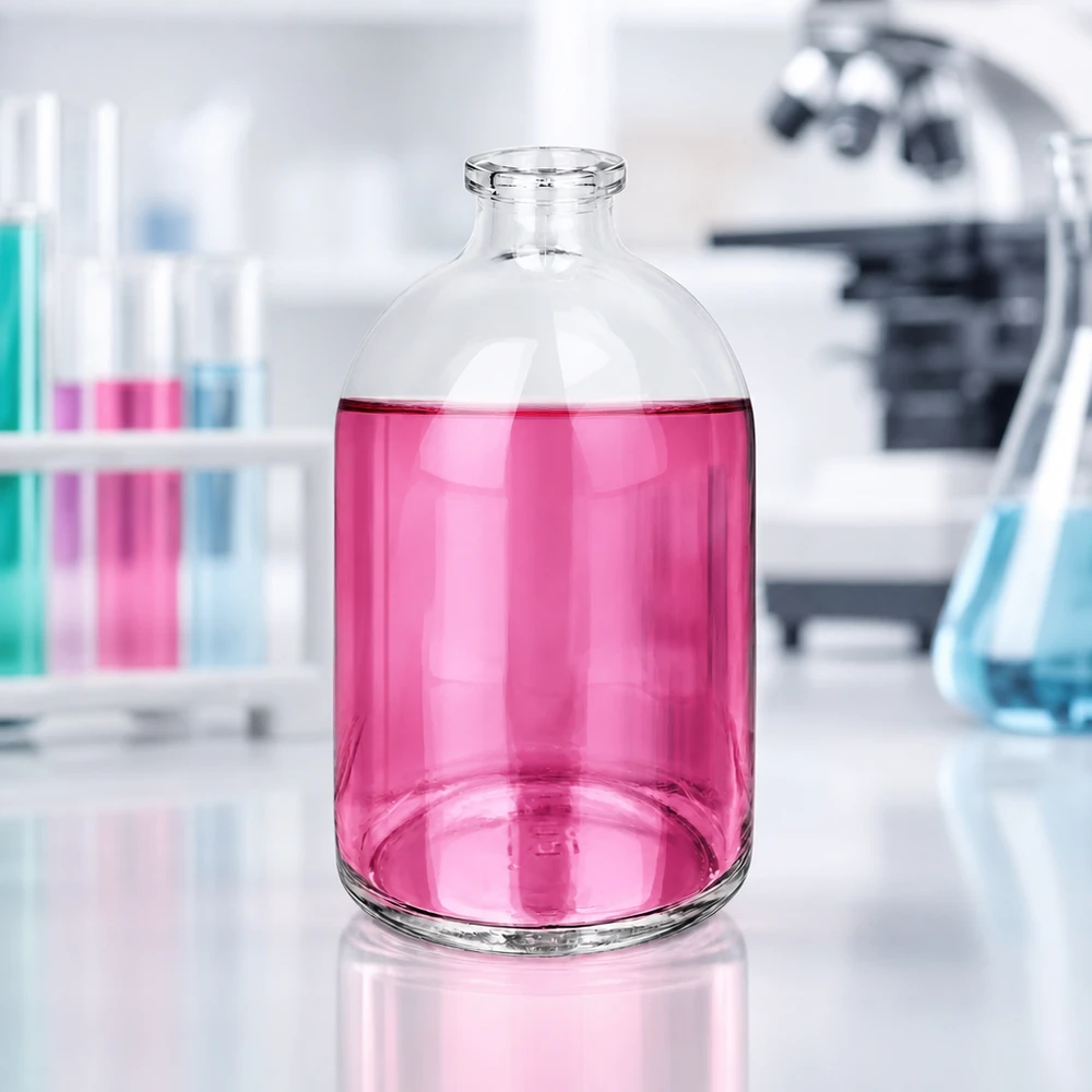 Butelka iniekcyjna z przezroczystego szkła 100 ml Großaufnahme einer 100ml Injektionsflasche Klarglas mit pink gefärbtem Labormedium