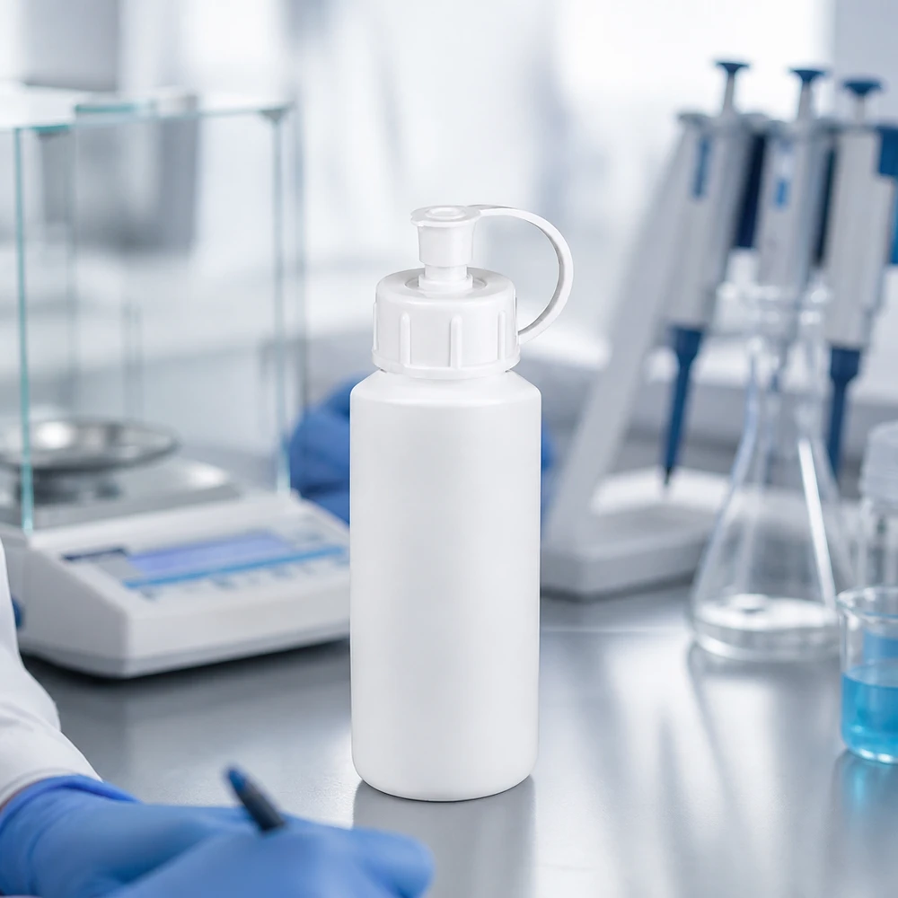 Butelka apteczna HDPE 30 ml, nasadka strzykawki m.w. Biała butelka apteczna z HDPE o pojemności 30 ml z klapką na tle wagi laboratoryjnej i pipet