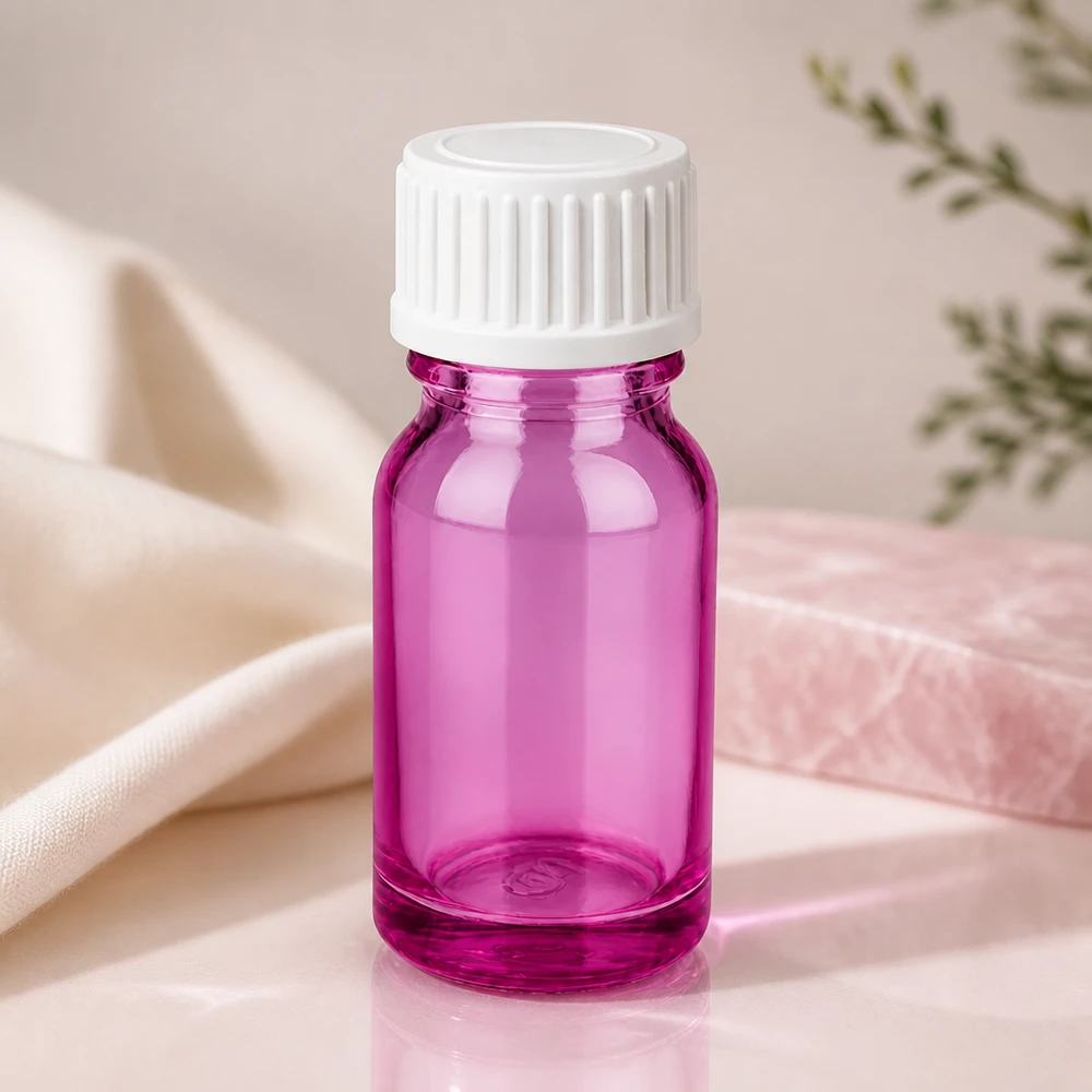 Butelka o pojemności 10 ml. Pierścień do nalewania 3 mm, biały, standardowy PurpleLine. UT18/10 Kompaktowa szklana butelka 10 ml w kolorze magenta z zakrętką zabezpieczającą przed dziećmi do bezpiecznego przechowywania