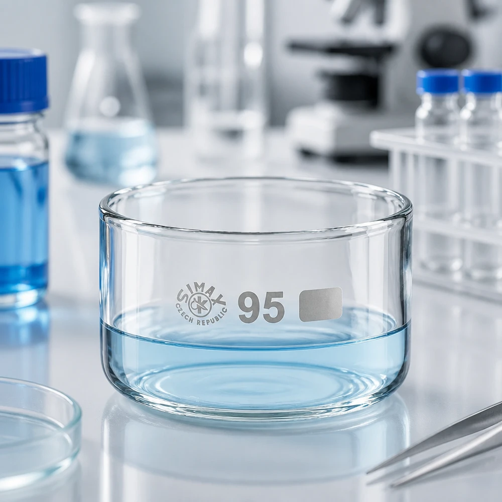 Naczynie do krystalizacji 300 ml bez dziobka Borokrzemianowe Miska krystalizacyjna o pojemności 300 ml z niebieskim płynem w laboratorium Simax, szkło borokrzemowe, ø 95 mm