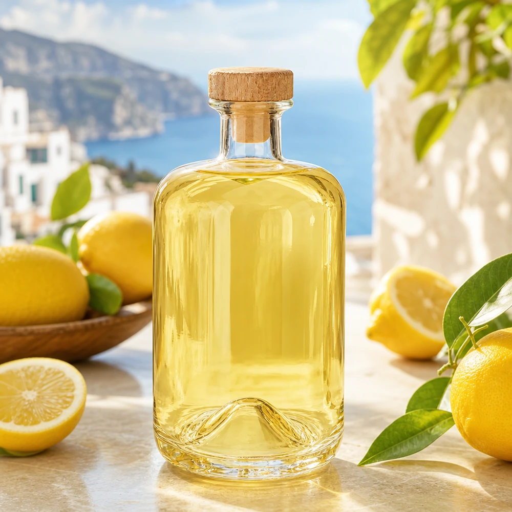 Butelka apteczna 700 ml Sofia z drewnianym korkiem UNiTWIST® 700 ml szklana butelka Sofia z drewnianym korkiem wypełniona żółtym likierem cytrynowym w śródziemnomorskiej scenerii wybrzeża z cytrynami