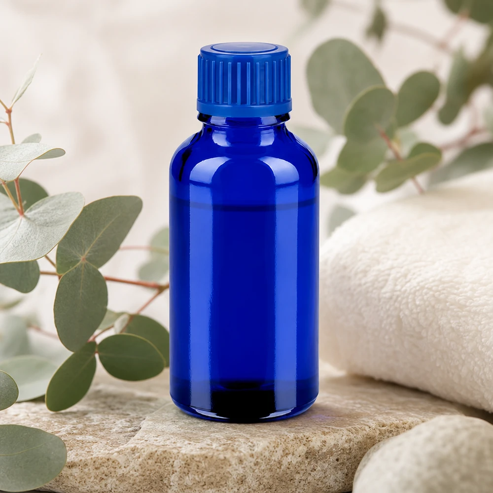 Szklana butelka STD BlueLine UT18/30 30 ml z wytrzymałą zakrętką SV w eleganckim niebieskim kolorze